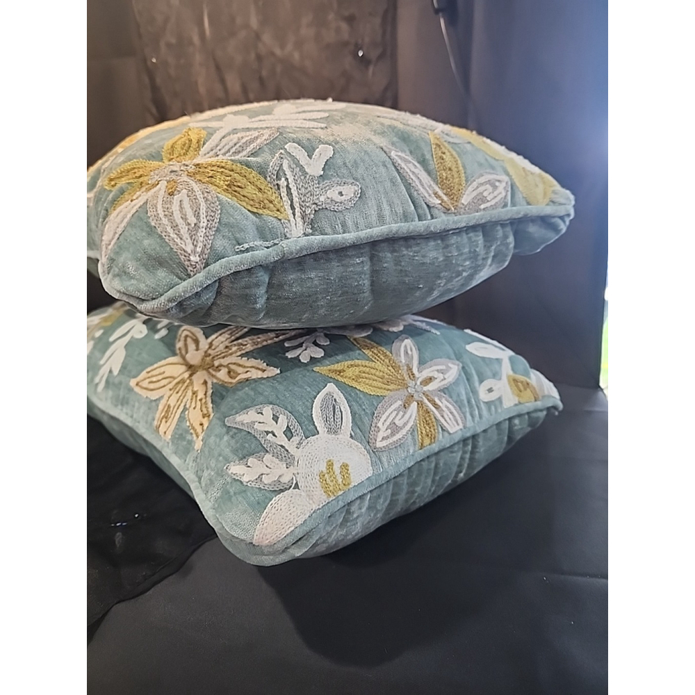 Aqua Velour Throw Pillows Set of 2 Embroidered 24x14 - Picture 5 of 6